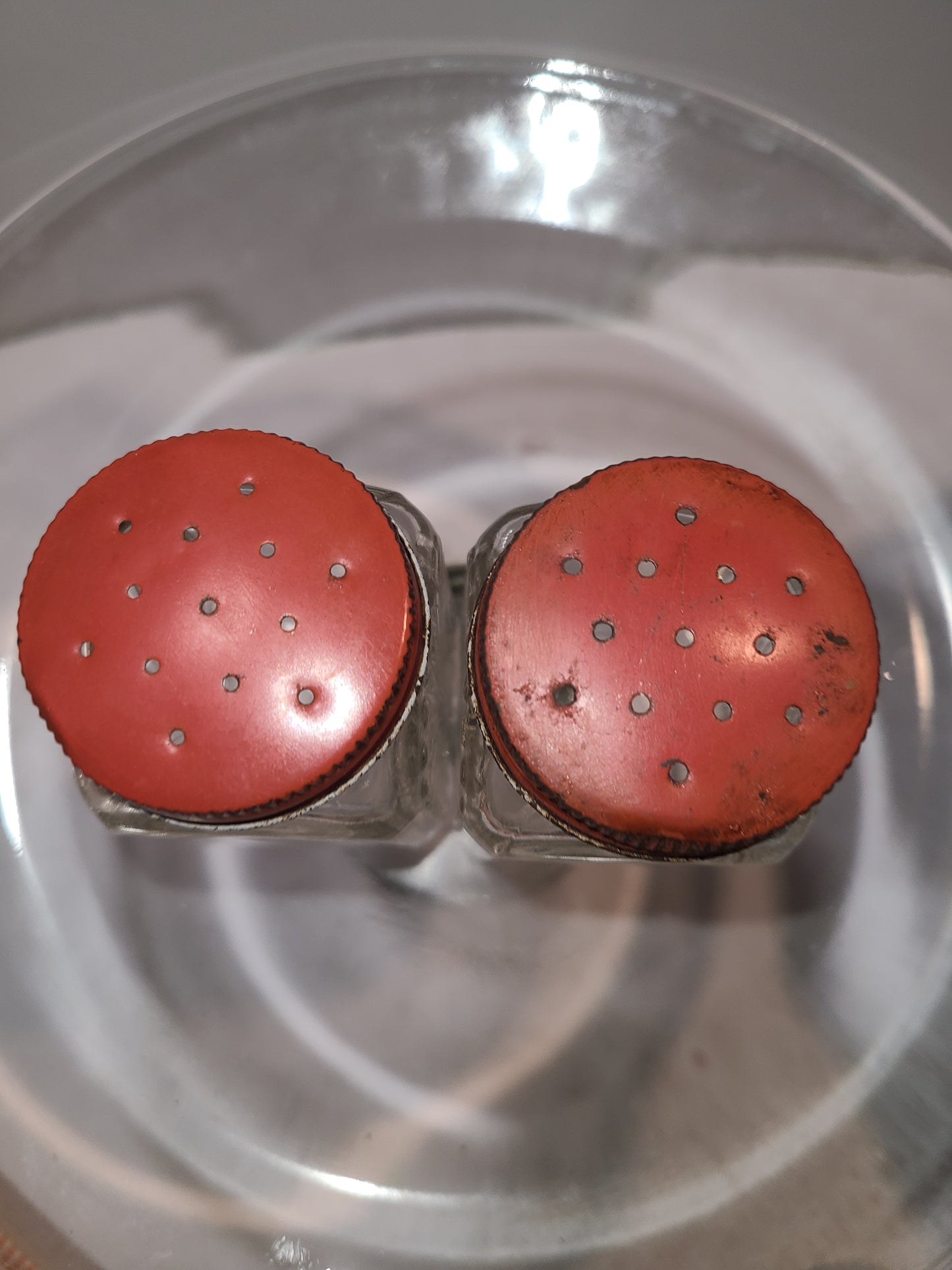 Vintage Glass Salt and Pepper Shakers with red lid