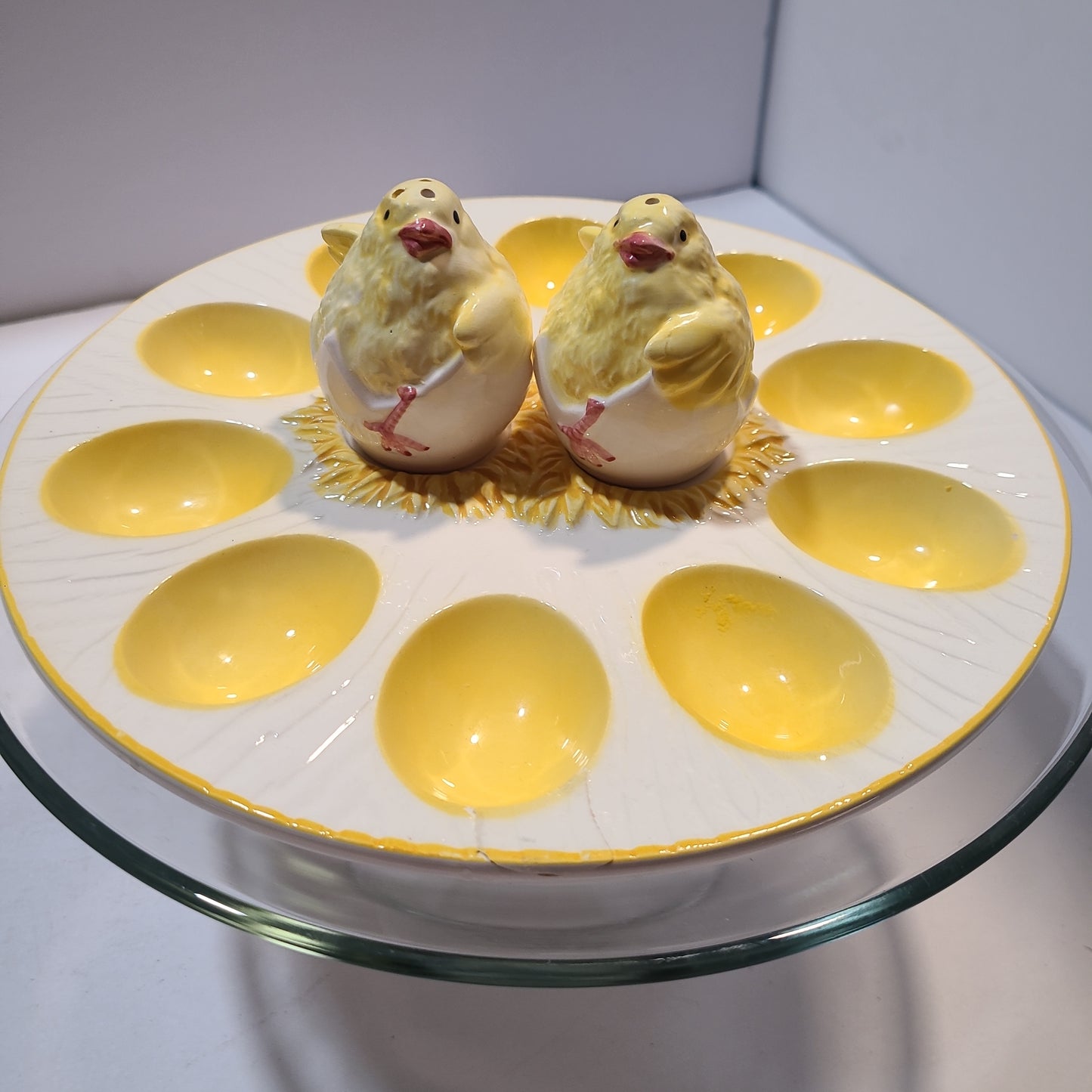 Vintage deviled egg platter with chick salt and pepper