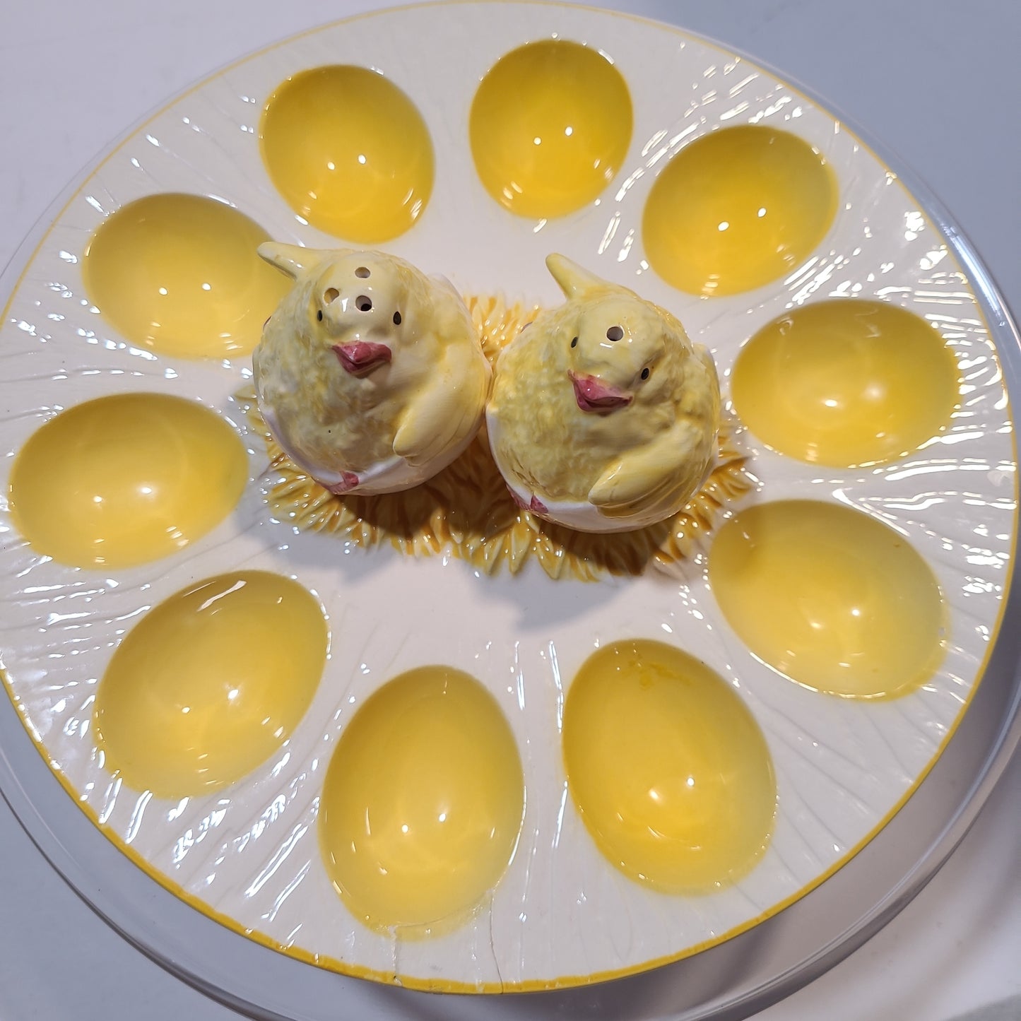 Vintage deviled egg platter with chick salt and pepper
