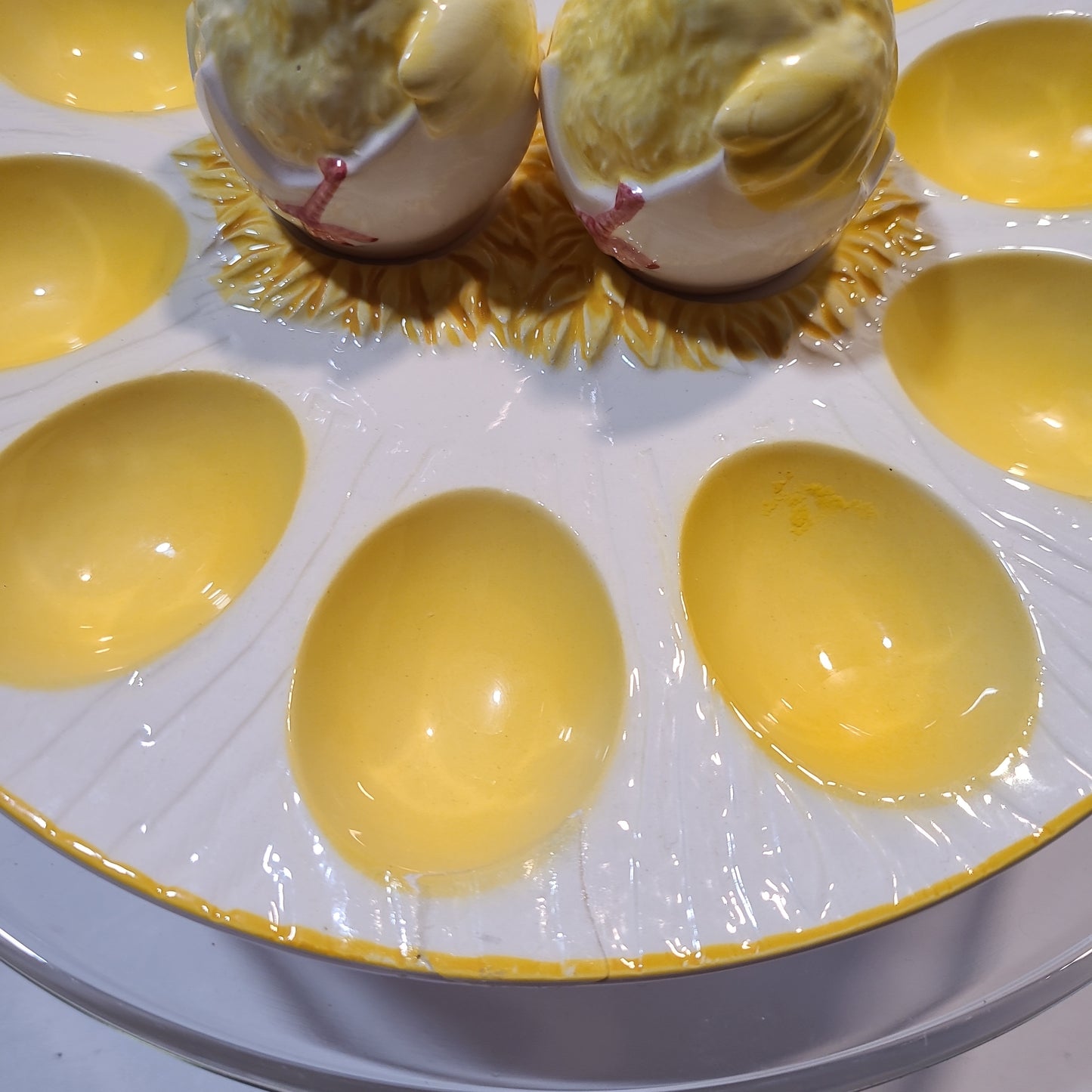 Vintage deviled egg platter with chick salt and pepper