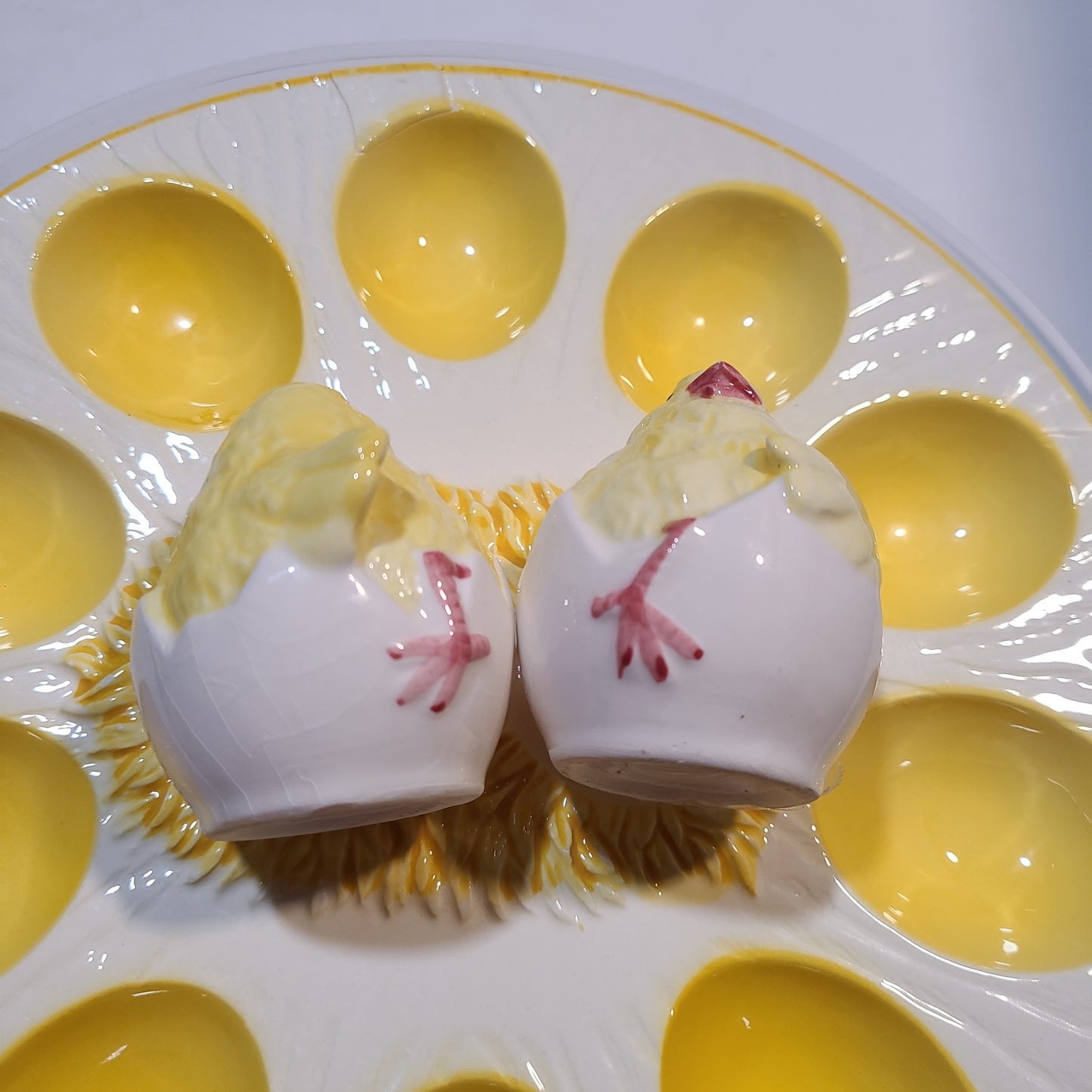 Vintage deviled egg platter with chick salt and pepper