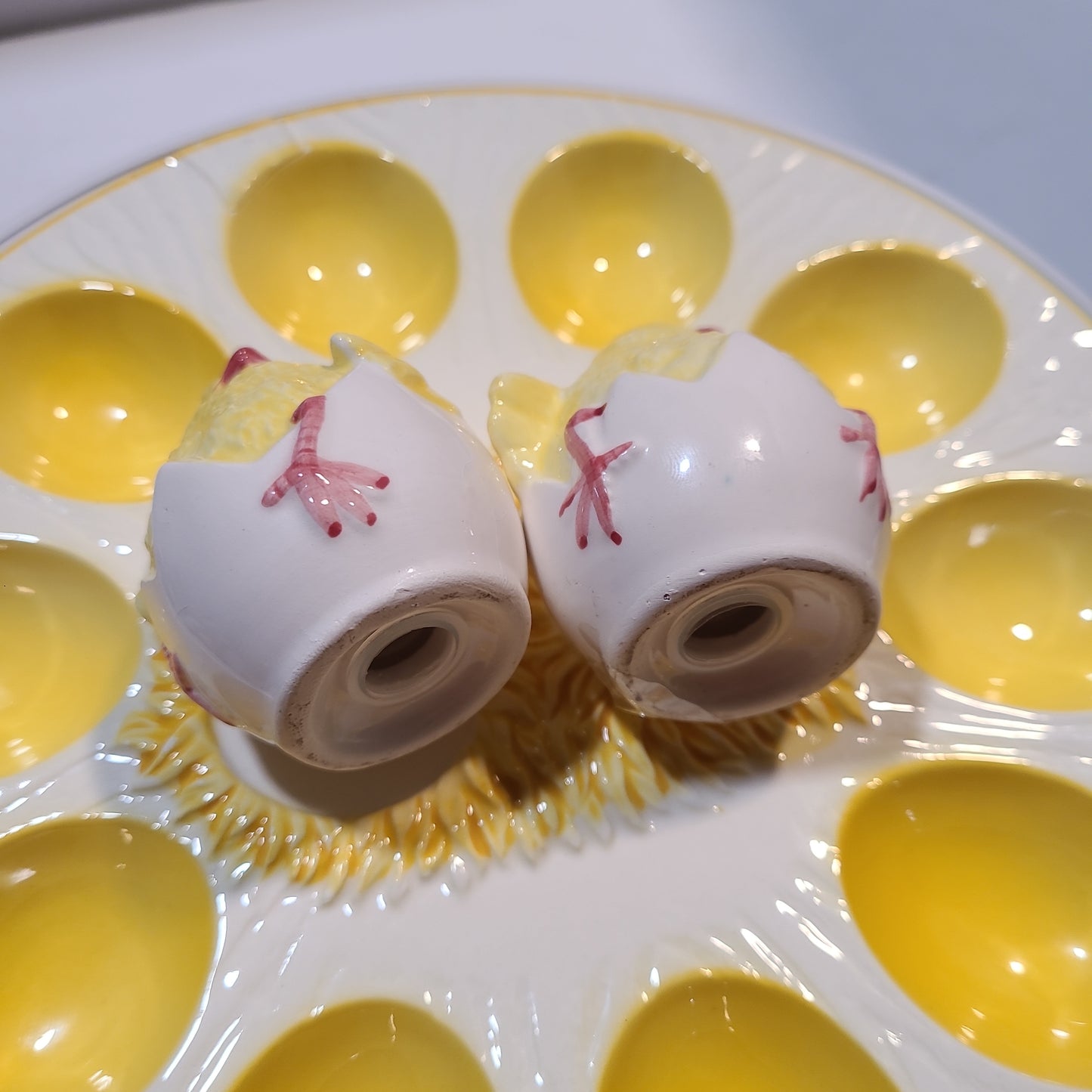 Vintage deviled egg platter with chick salt and pepper
