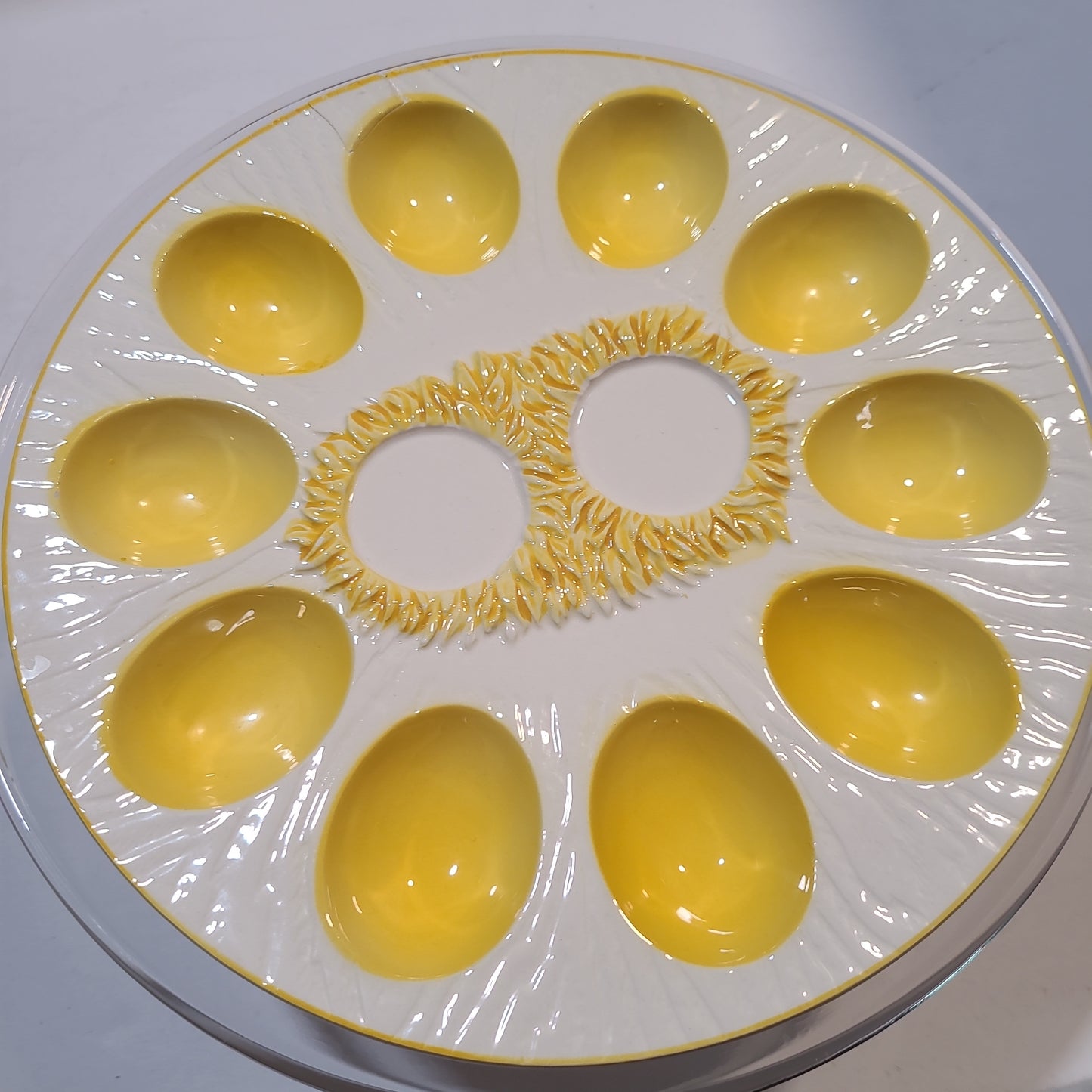 Vintage deviled egg platter with chick salt and pepper