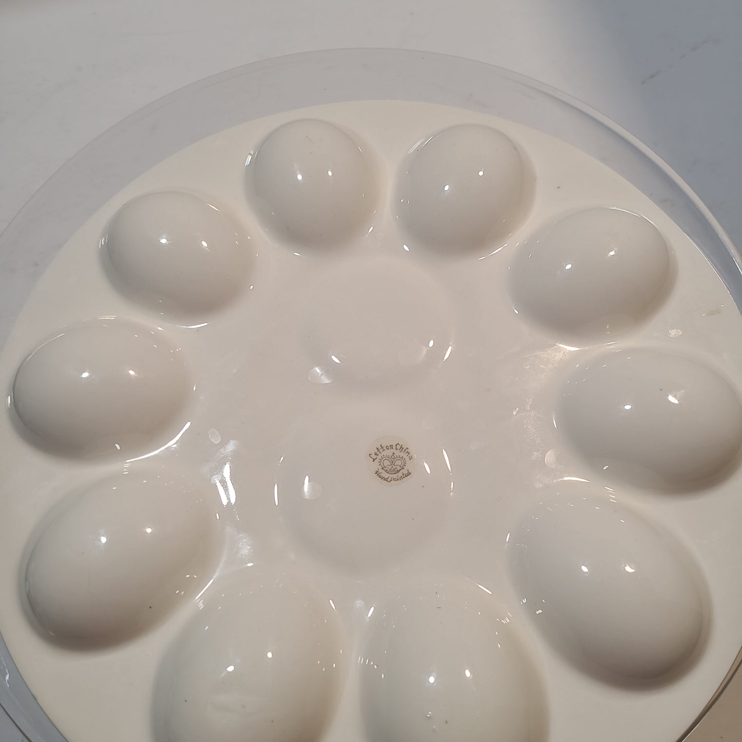 Vintage deviled egg platter with chick salt and pepper