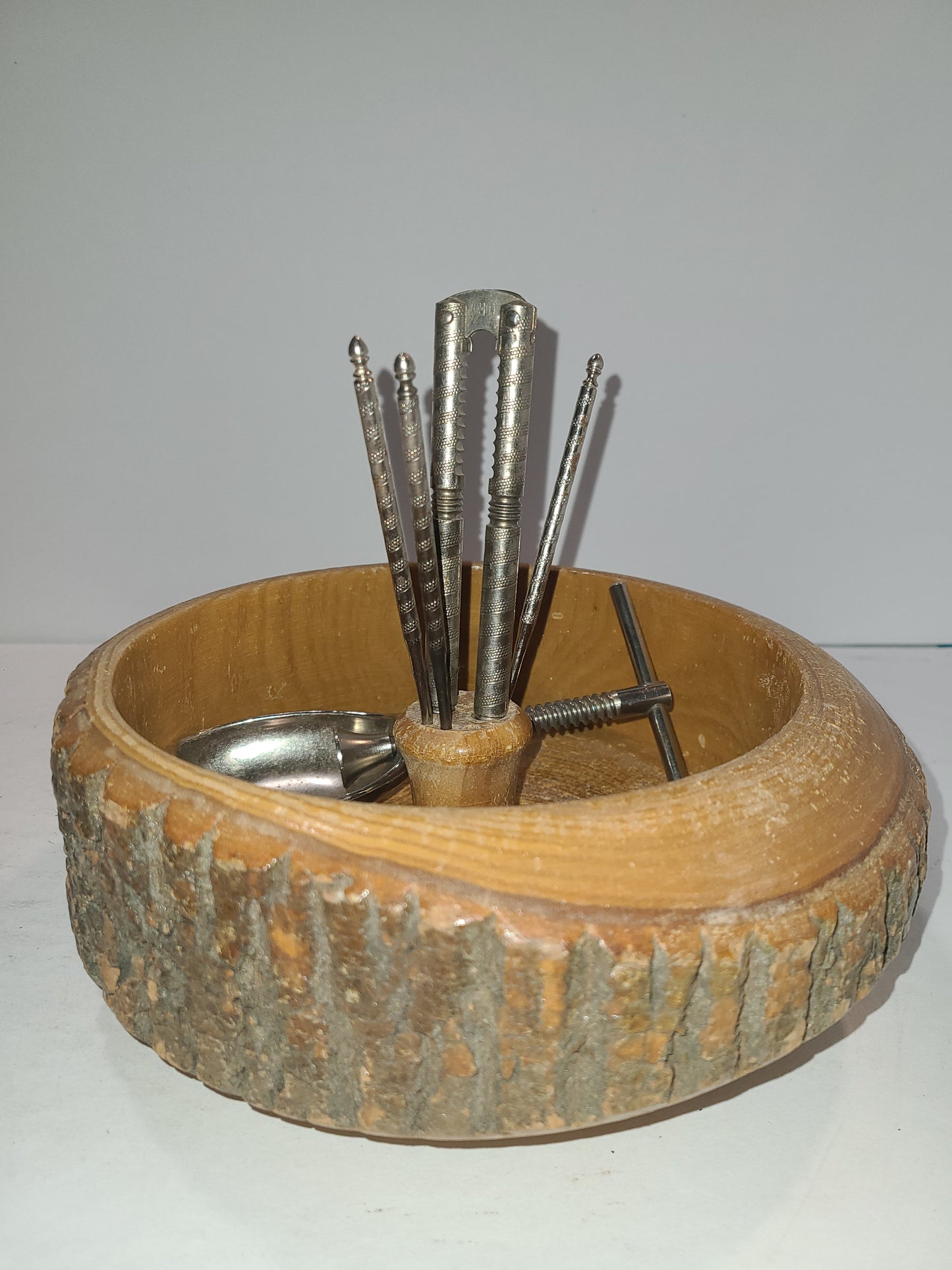 Vintage Walnut Bowl with Tools