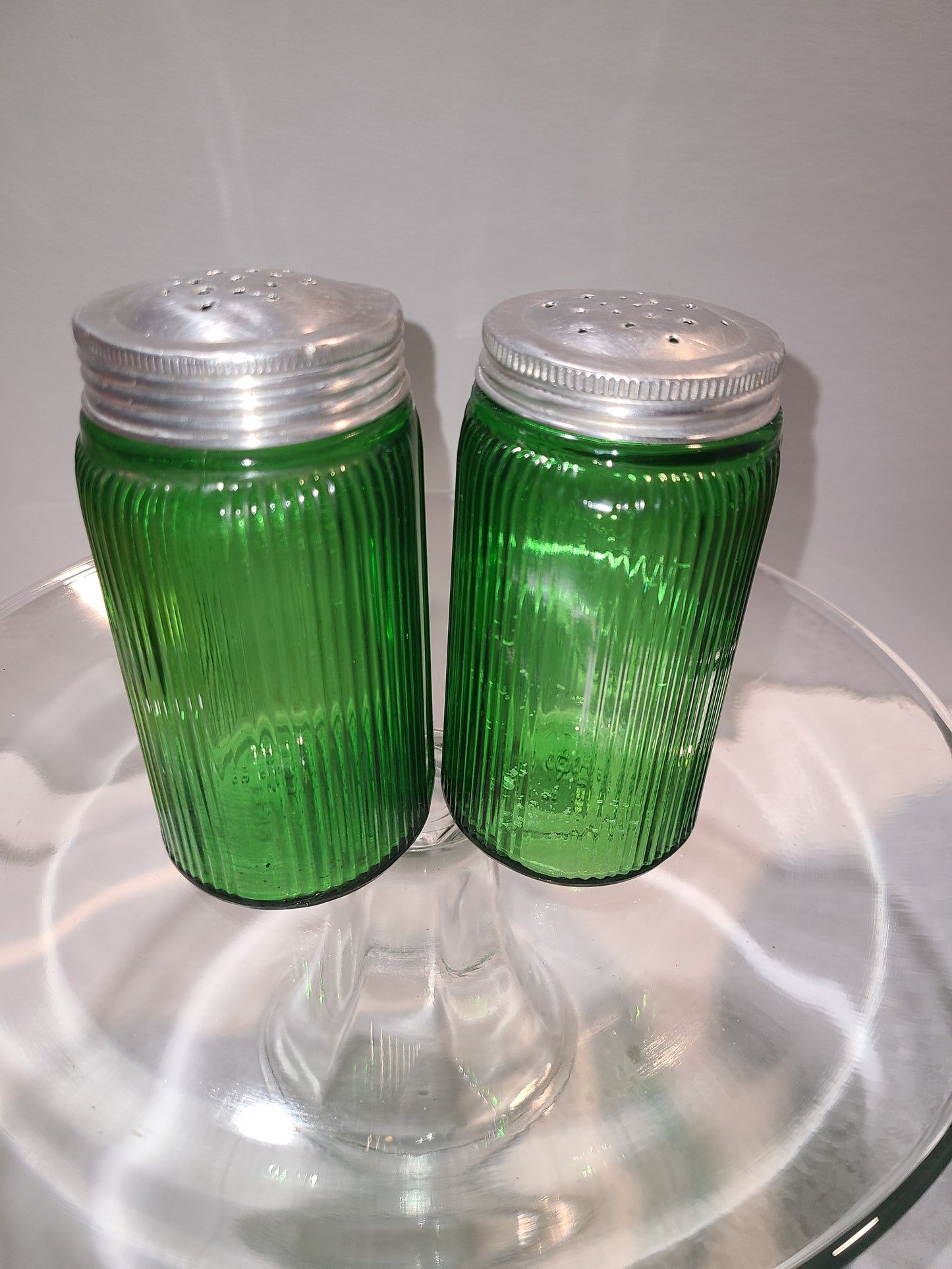Vintage Green Glass Salt and Pepper shakers