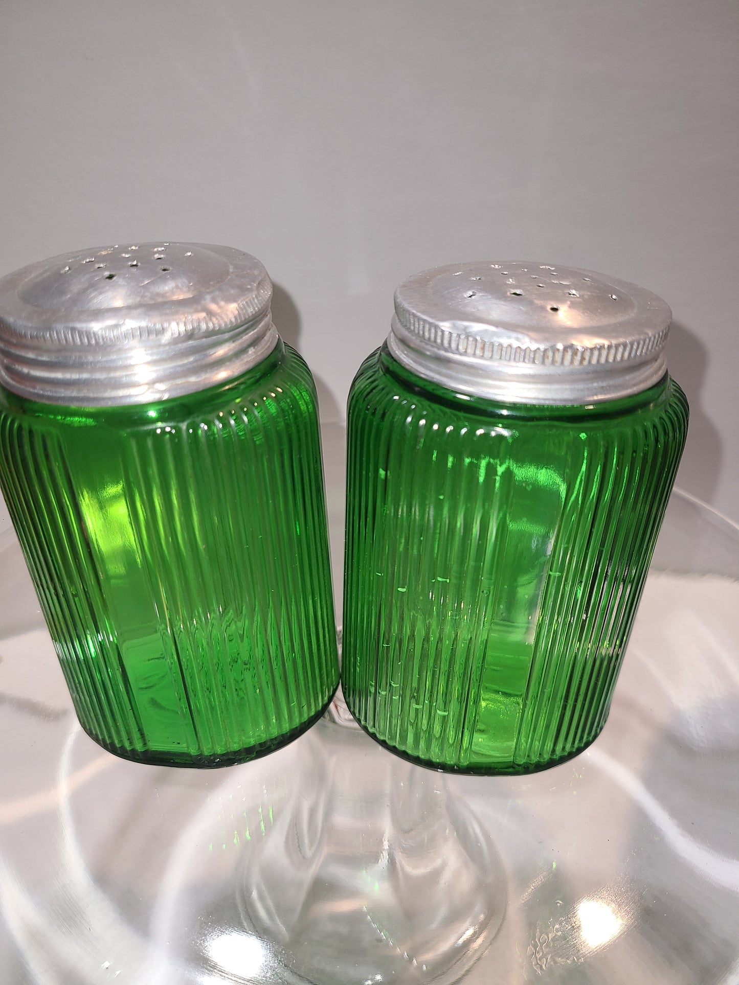 Vintage Green Glass Salt and Pepper shakers