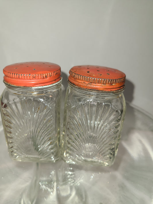 Vintage Glass Salt and Pepper Shakers with red lid