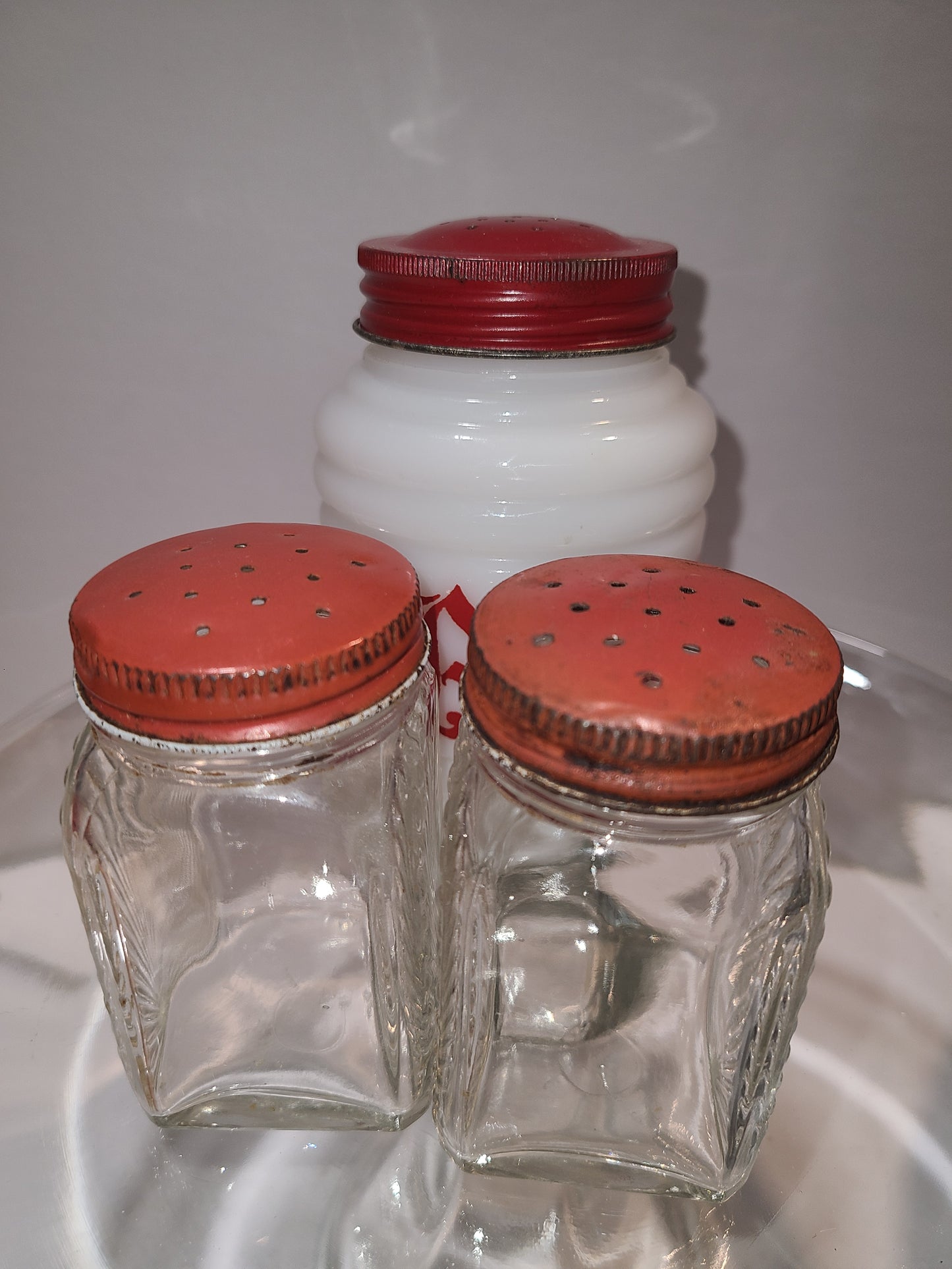 Vintage Glass Salt and Pepper Shakers with red lid