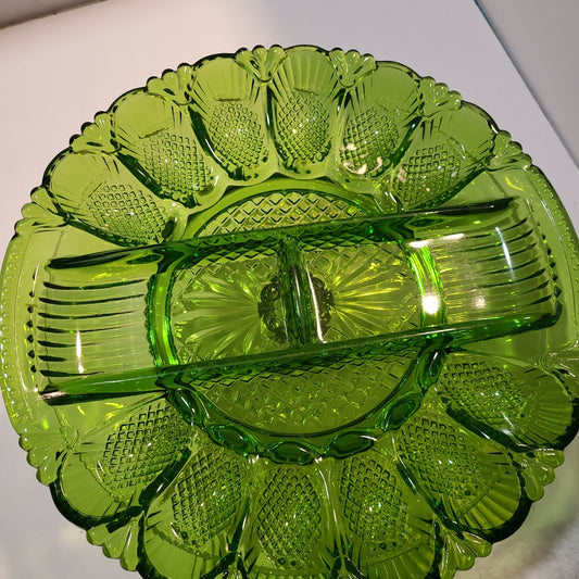Vintage green glass deviled egg and relish tray