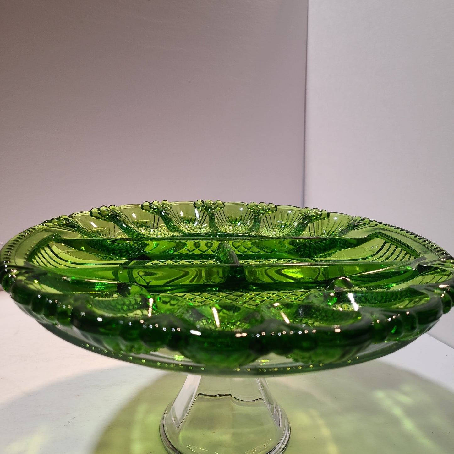 Vintage green glass deviled egg and relish tray