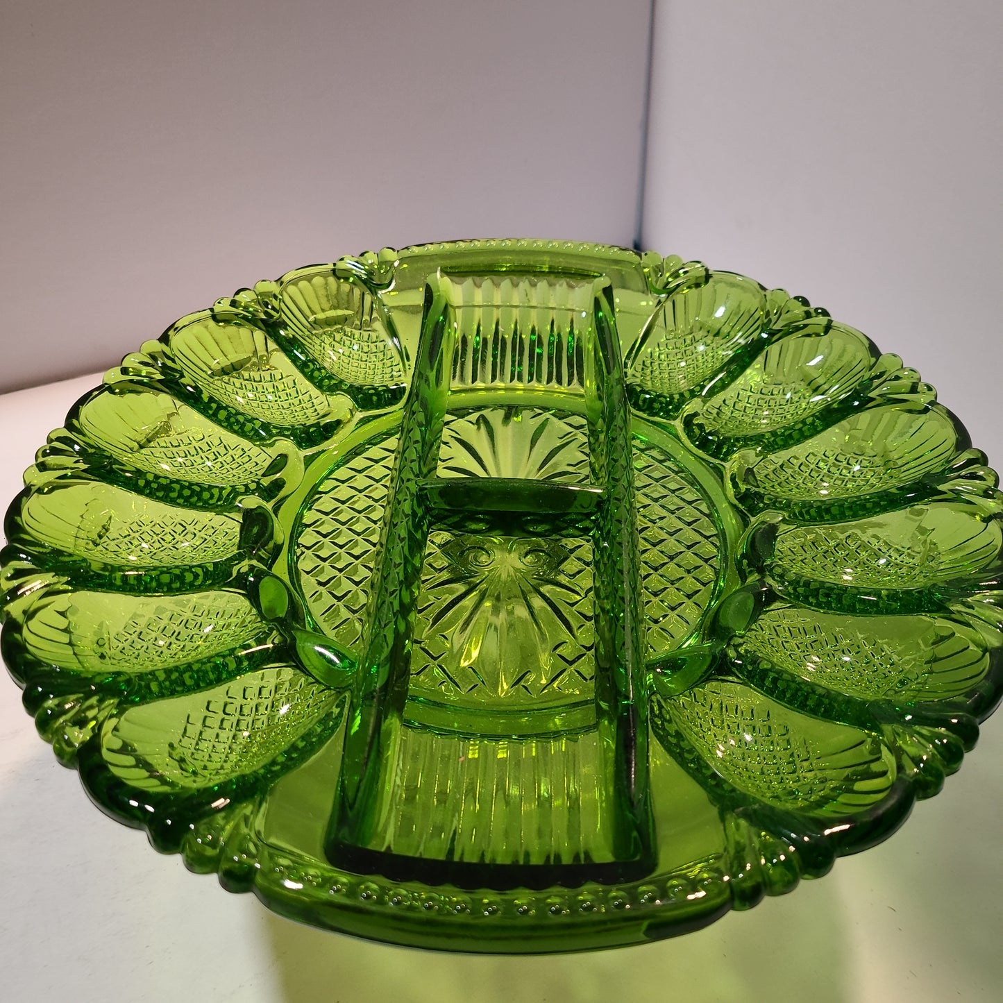 Vintage green glass deviled egg and relish tray