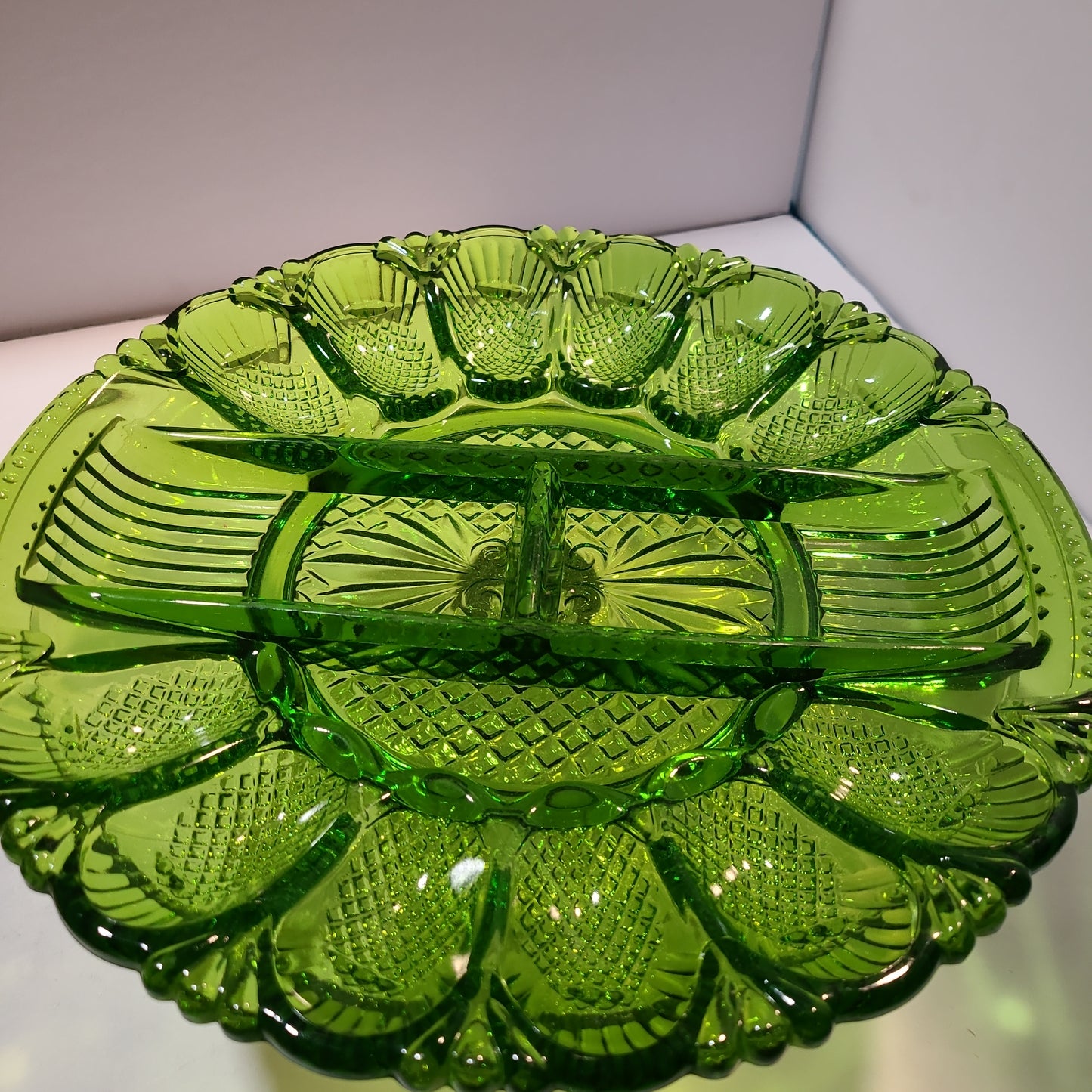 Vintage green glass deviled egg and relish tray