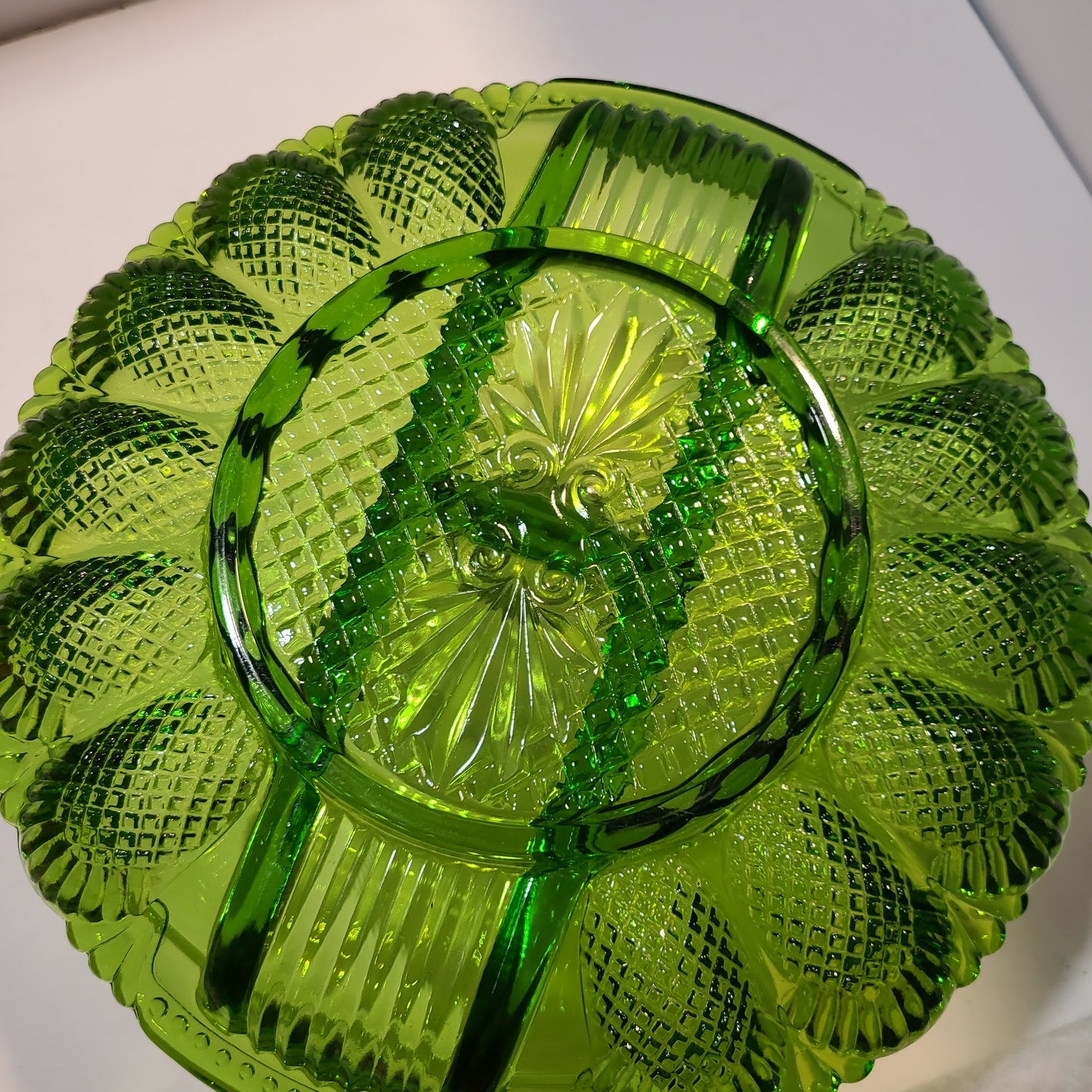 Vintage green glass deviled egg and relish tray