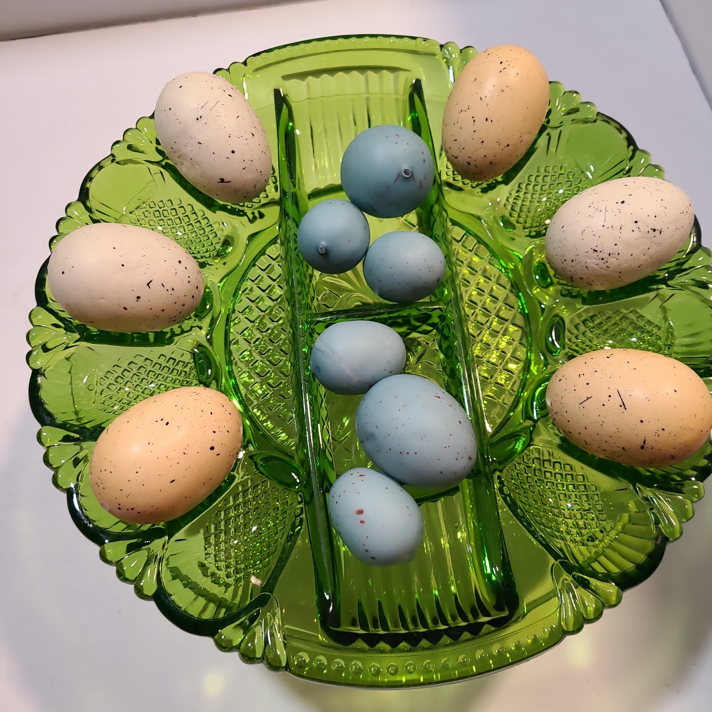Vintage green glass deviled egg and relish tray